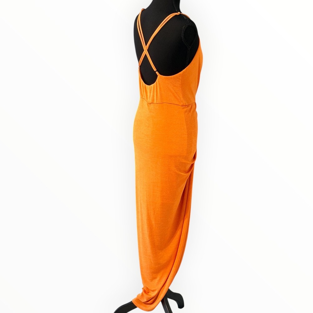 Lulus Dreamy Date Orange Surplice Midi Dress M Ruched Plunge Wedding Resort - Picture 14 of 15